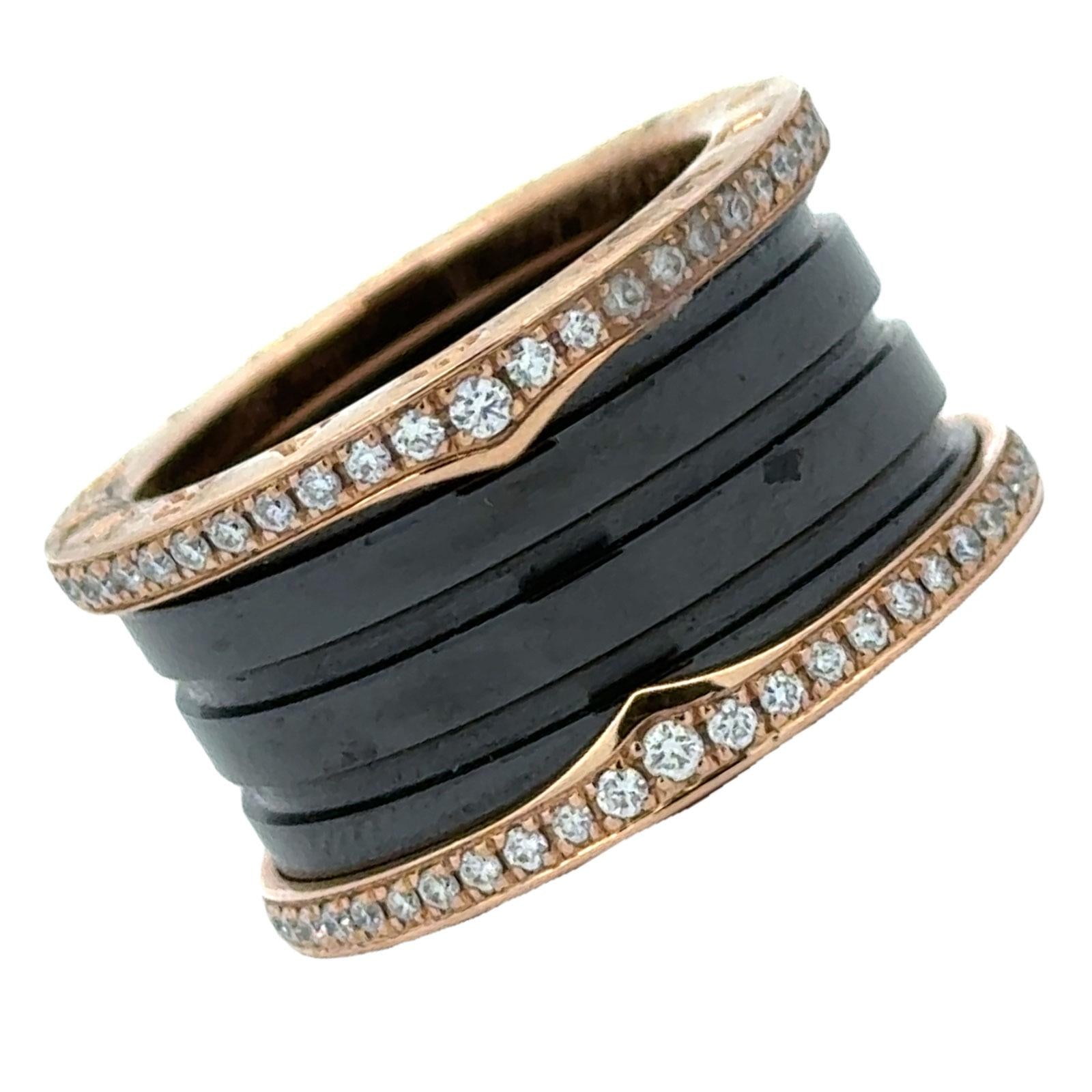 Bvlgari B.Zero1 Diamond Black Ceramic 18K Rose Gold Ring Size 6 (52) N