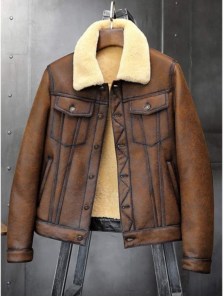 Denny&Dora Mens Brown Sheepskin Shearling Jacket B3 Flight Jacket