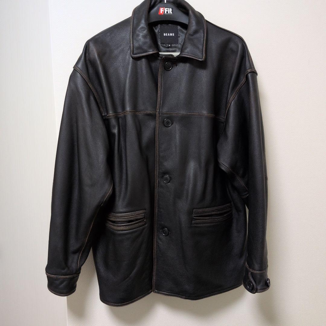 BEAMS ブラックレザージャケット S　カーコート　カバーオール　シープスキン BEAMS PLUS（ビームス プラス）Car Coat Leather（ブルゾン レザー