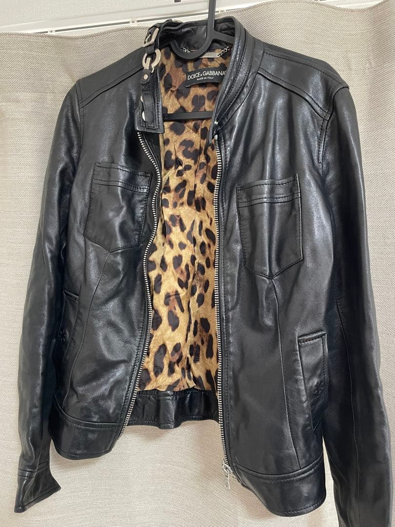 ク*ー様 Dolce & Gabbana ブラックレザージャケット豹柄 Dolce&Gabbana Men's Leopard-Print Leather-Trim Full-Zip Jacket